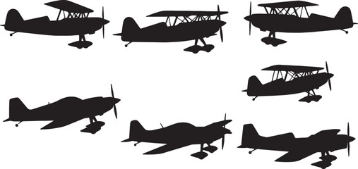 Black Solid Civilian Stunt Aircraft Silhouettes Set of Six on White Background © ShahvezGrhi 