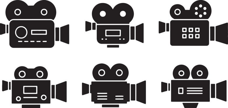 Black Solid Cinematic Film Camera Silhouettes Set of Six on White Background