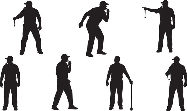 Black Solid Coach Holding Whistle Silhouettes Set of Six on White Background