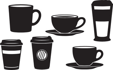 Obraz premium Black Solid Coffee Cup Cafe Counter Display Silhouettes Set of Six on White Background