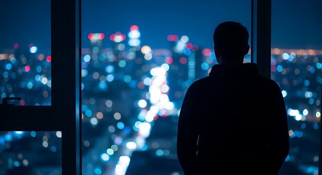 Rear view of man looking out of window at city lights at night from high rise building representing contemplation and urban loneliness and thinking about future opportunities in large metropolis area