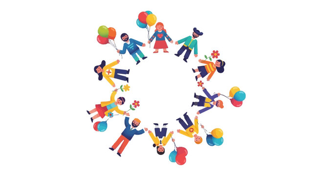 A vibrant illustration of diverse people holding hands and icons in a circular formation, celebrating the International Day of Happiness with colorful balloons and a joyful design on a