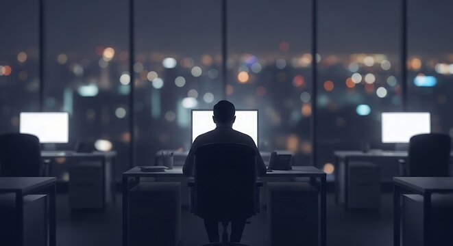 silhouette of person working alone at desk with computer in dark office at night, city skyline blurred outside window, long working hours