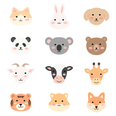 Set of 12 cute animal heads vector illustration featuring various species: cat, rabbit, dog, panda, koala, bear, goat, cow, giraffe, tiger, hamster, and fox. Cute flat design animal faces illustration