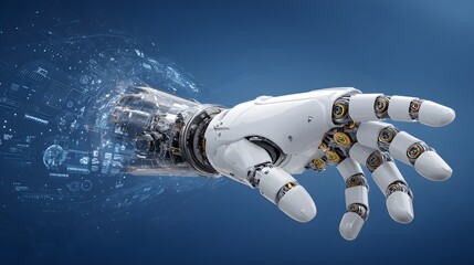 Fototapeta premium Futuristic robotic hand with high tech mechanical details and blue digital interface