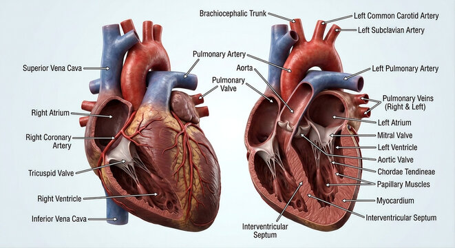 An ultra-detailed anatomical diagram of the human heart, showing both external views and internal cross-sections with precise labels for chambers, valves, and major blood vessels.