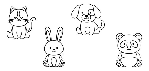 Obraz premium A simple black line drawing of various cute animals sitting together on a clean background from a straightforward viewpoint for illustration purposes only.
