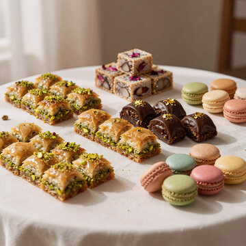 expressionist eid plate. table of eid desserts illuminated by soft sunlight