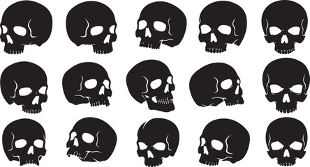 Fototapeta premium Collection of black skulls in various orientations and positions