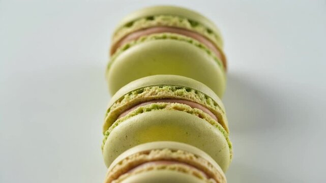 Stack of green macarons on white.
