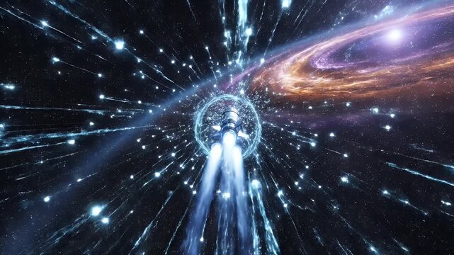 A sleek rocket navigates a vortex of glowing cosmic energy, propelled by bright blue exhaust