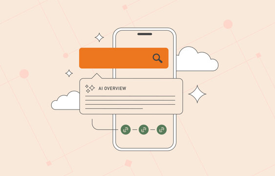 AI search overview results, generative search engine summary panel with links and sources on smartphone screen, artificial intelligence SERP answer interface changing AI SEO strategy illustration