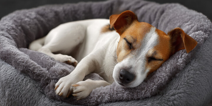 Sleeping dog, pet resting, cozy bed, small dog, peaceful animal, comfortable pet bed, relaxed dog