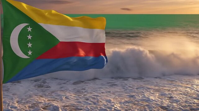 Comoros Flag Waving Slow Motion on Ocean Beach, Tropical Paradise National Symbol of the Comoros