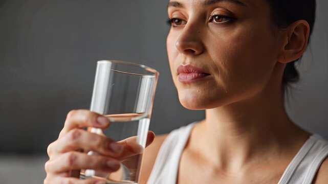 Woman drinking fresh water from a glass for hydration and wellness.