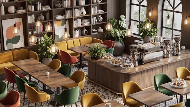 Elegant Cafe Interior with Natural Light and Comfortable Seating Arrangement to Attract Customer