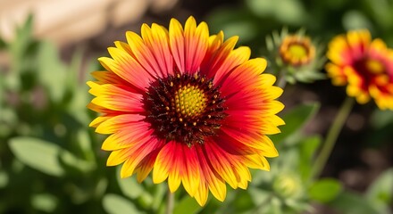 Vibrant Gaillardia Flower in Full Bloom, Showcasing Fiery Red and Yellow Petals Against a Soft Green Blurred Background