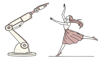 A vector graphic illustration of a robotic arm and a ballerina in a dynamic pose © Designer Shuvo