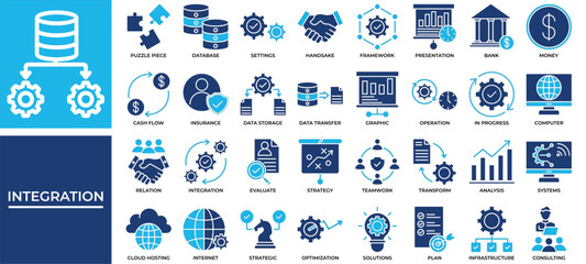 Fototapeta premium Integration icon set collection. Containing evolution, operation, transfer, database, progress, puzzle, performance .Solid vector icons collection
