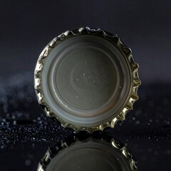A close-up of a bottle cap on a reflective surface