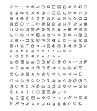 Basic mobile system icons collection including signal, battery, Wi-Fi, airplane mode, volume, brightness, modern vector set