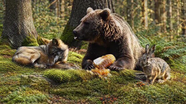 Harmony in the forest: Brown bear sharing honeycomb with wolf and rabbit in nature habitat