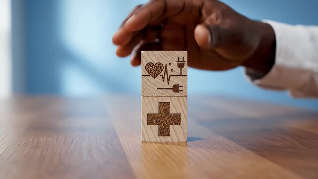 Hand holding wooden cubes with health and cross icons
