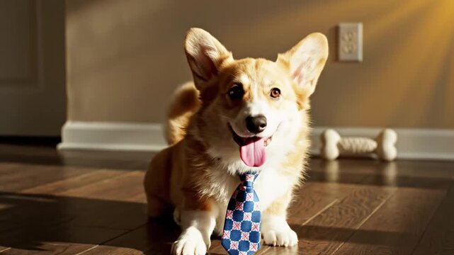 Corgi Dog Wearing Blue Checkered Tie Indoor.