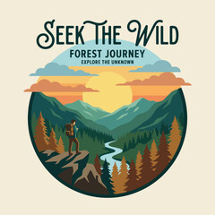 A scenic depiction of an adventurous hiker on a rock ledge, surrounded by lush mountains, rivers, and a sunset, inviting a sense of exploration into the wild forest paths. © cheng lu