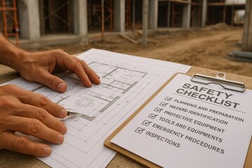 Obraz premium Hands review blueprints and safety checklist at an active construction site. Ensuring safety and planning for new building projects.