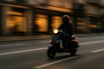 Urban scooter rider in motion at dusk, capturing the feeling of city travel and speed scooter.