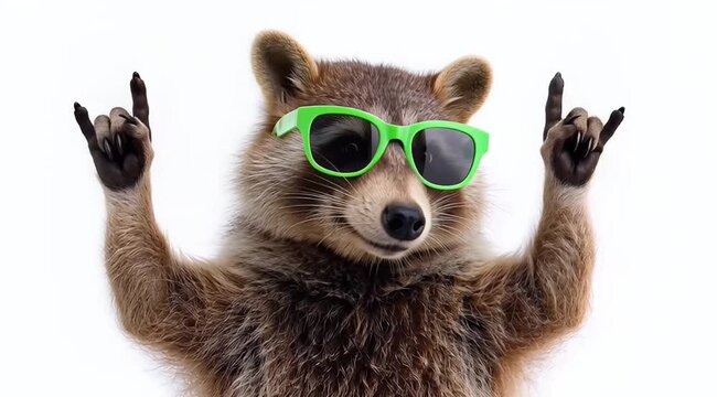 Cool Raccoon with Green Sunglasses Giving Rock and Roll Hand Gesture.