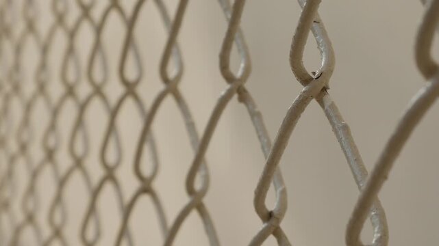 Golden brown chain link fence mesh pattern creating geometric diamond grid texture with soft bokeh background
