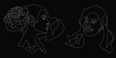 Minimal continuous line female portraits and rose illustration, abstract modern line art faces