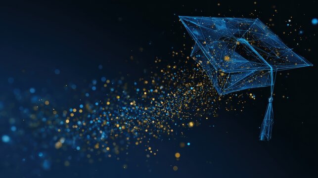 An artistic digital graduation cap, crafted from interconnected lines and points, floats against a gradient backdrop. ..Created with Generative AI, not depicting real subjects.