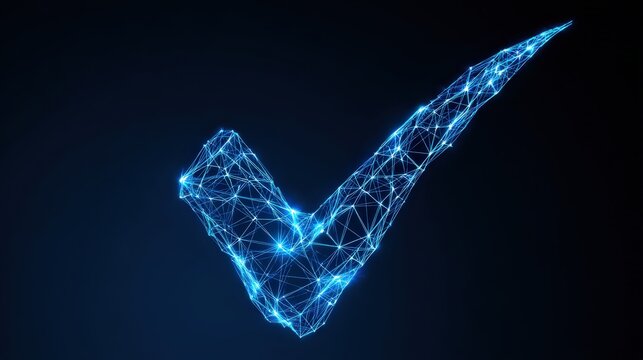 A luminous, abstract digital check mark. A symbol of completion, confirmation, and approval against a dark background. ..Created with Generative AI, not depicting real subjects.