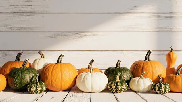 A variety of gourds and pumpkins arranged on a white wooden surface with a light background