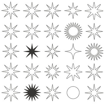 Collection of various star shapes and spark symbols with different point counts and styles for minimalist graphic design and branding projects