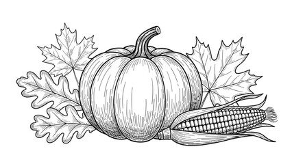 Hand drawn vintage engraving style illustration of a pumpkin with corn ear and autumn leaves for a harvest celebration.