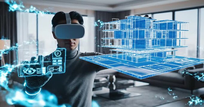 Young man engaged in virtual reality experience, interacting with digital elements in modern living room