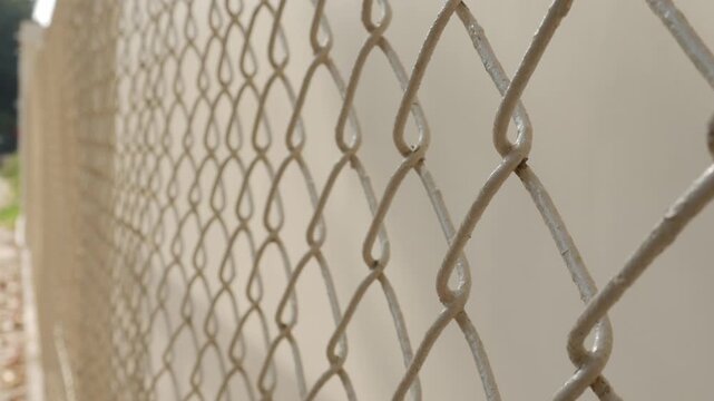 Golden brown chain link fence mesh pattern creating geometric diamond grid texture with soft bokeh background