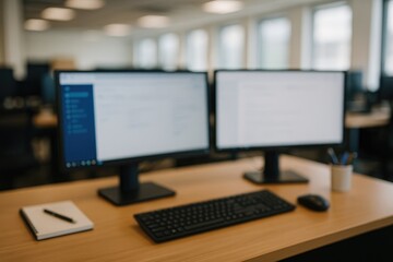 Naklejka premium Workspace setup with dual monitors, keyboard, mouse, notebook, and pens for productivity and work.