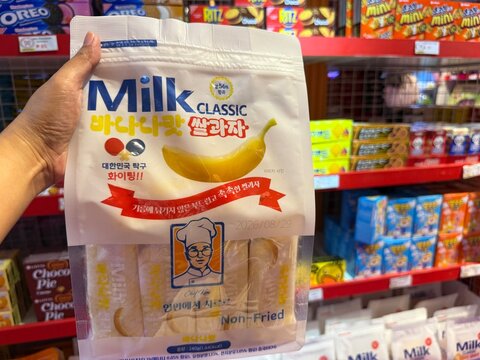 March 2026, Bulacan, Philippines: Chef Kim's Milk Classic Rice Cracker Banana flavor, Korean non-fried snack