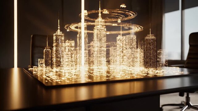 A glowing holographic cityscape projection floats above a modern conference table