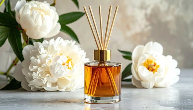 Aromatic reed diffuser with golden accents and floral arrangement of white peonies, in soft light
