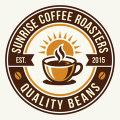 A warm and inviting logo for a coffee roaster featuring a steaming cup and sun design, symbolizing quality beans and a cozy atmosphere for coffee lovers everywhere.