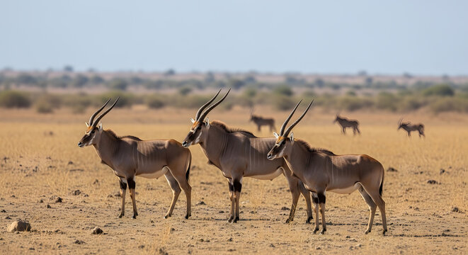 Group of large antelopes standing in a dry grassy savanna landscape