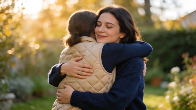 Two women embracing outdoors in garden