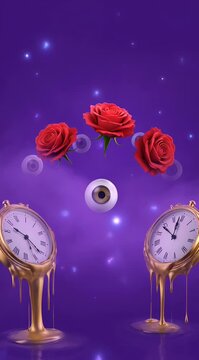 Surreal melting clocks with floating eyes and rose mouth in cosmic purple starry sky