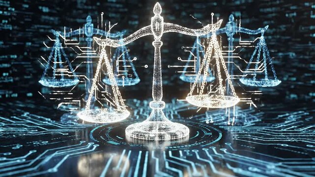 Digital scales of justice with circuit board background
